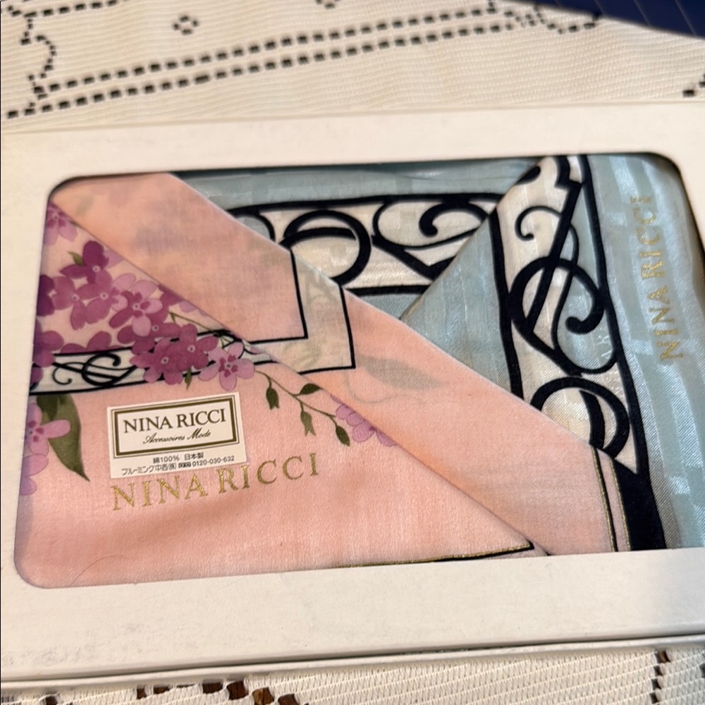 Nina Ricci Floral Pink and Blue Scarf set of 2 cotton